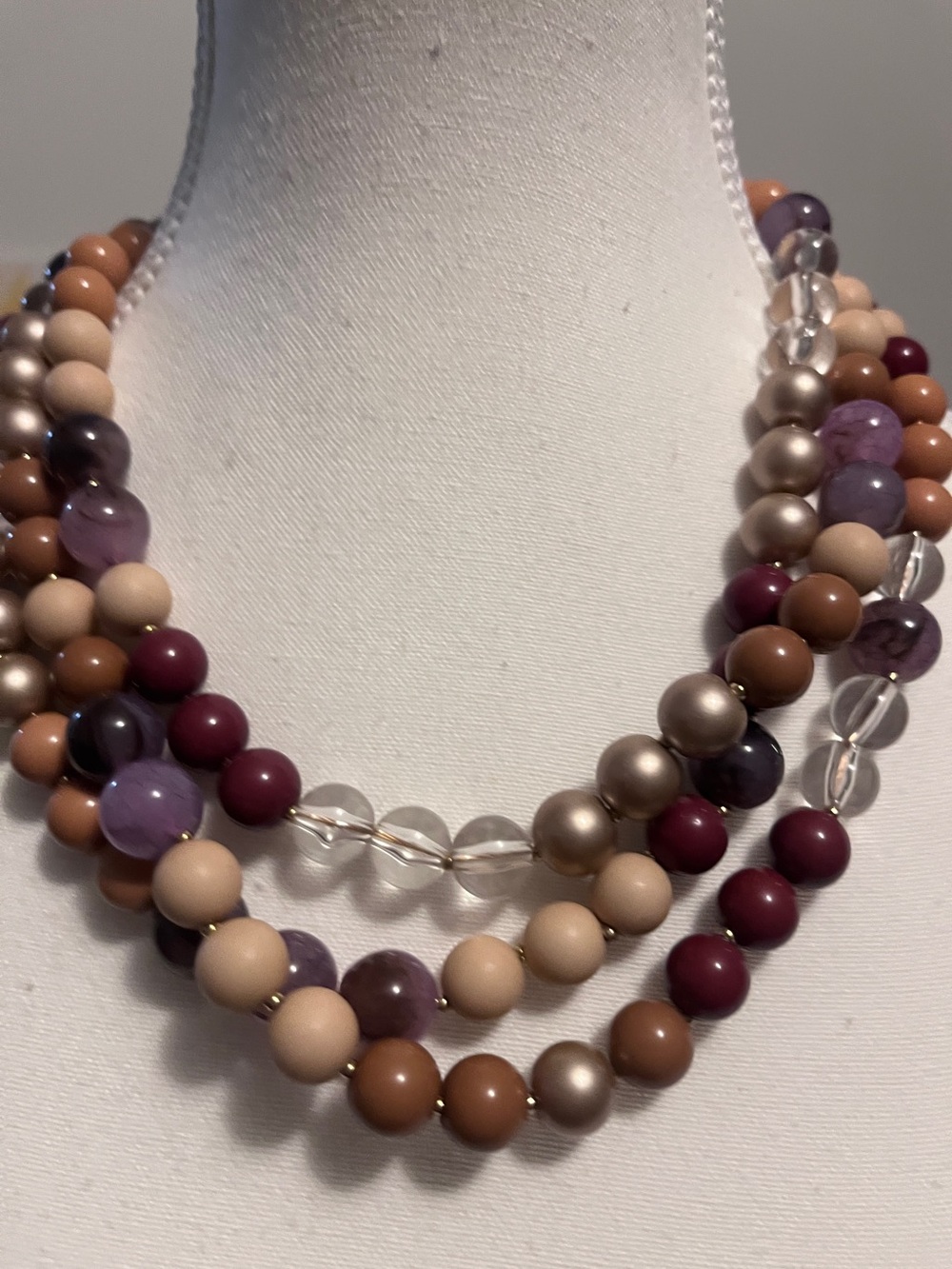 Multi-Strand Beaded Necklace in Plum, Mauve, Taupe and Clear Beads
